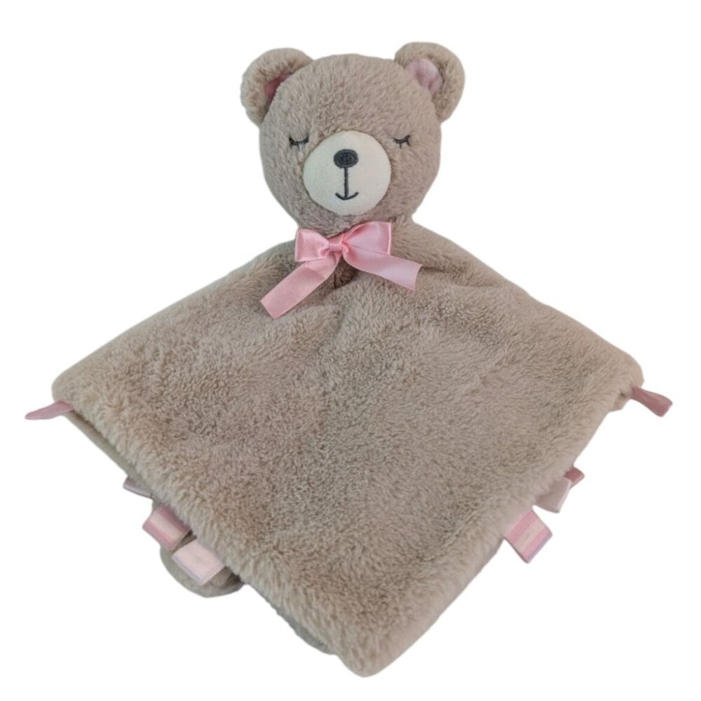 Brown Sleeping Teddy Bear Lovey‎ Baby Security Blanket Pink Bow Tags Rattle
